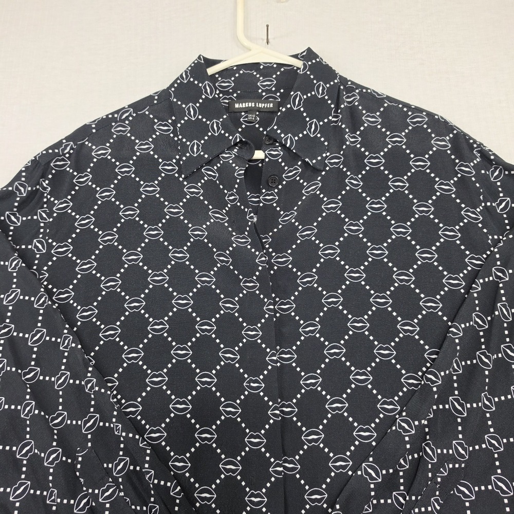 Markus Lupfer Black Lip Print Long Sleeve Top Size 6 Blouse Button Up Pop Art - Picture 2 of 12